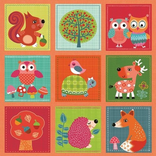 1 serviette en papier - animaux de la forêt - enfant, automne, écureuil, chouette, renard, hérisson... - 33 x 33 cm
