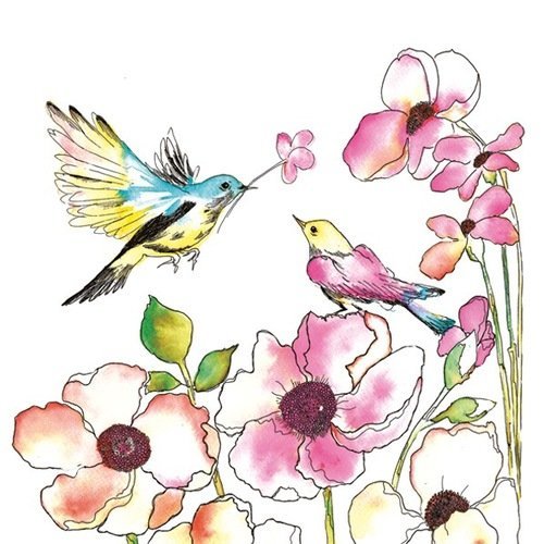 1 serviette en papier - peinture à l'aquarelle oiseaux et fleurs - 33 x 33 cm