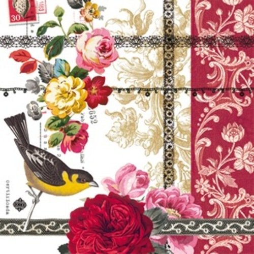 1 serviette en papier baroque - oiseau et fleurs - 33 x 33 cm