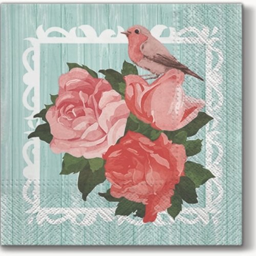 1 serviette en papier fleur - roses et oiseau - 33 x 33 cm