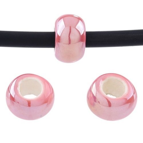 Lot 5 perles en céramique émaillées - rose - 14 x 9 mm
