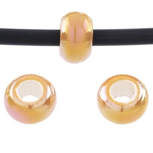 Lot 5 perles en céramique émaillées - jaune orangé - 14 x 9 mm