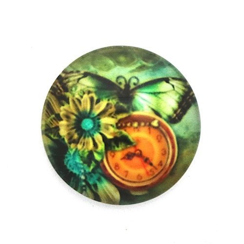 1 cabochon en verre illustré - papillon et horloge - rond - 20 mm