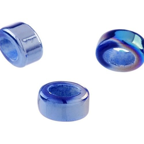 Lot 5 perles en céramique émaillées - bleu - 16 x 13 mm