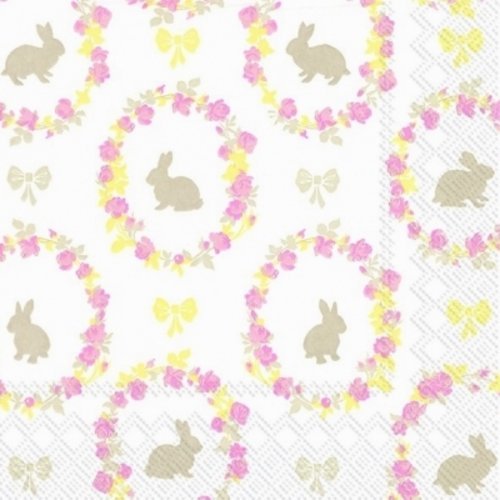 1 serviette en papier - lapins et couronnes de fleurs - 33 x 33 cm