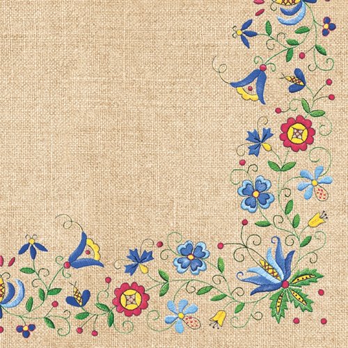 1 serviette en papier - fleurs brodées sur lin - 33 x 33 cm