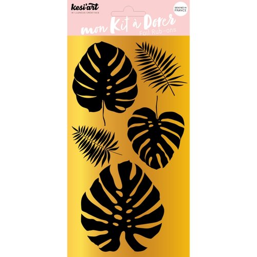 Kit à dorer motif feuilles tropicales : 1 planche transfert et 2 planches métallisées - kesi'art