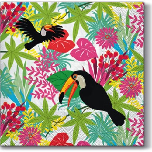 1 serviette en papier - oiseaux toucans et feuillage tropical - 33 x 33 cm