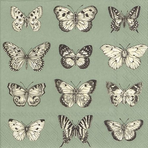 Serviette en papier - papillons sur fond vert - 33 x 33 cm