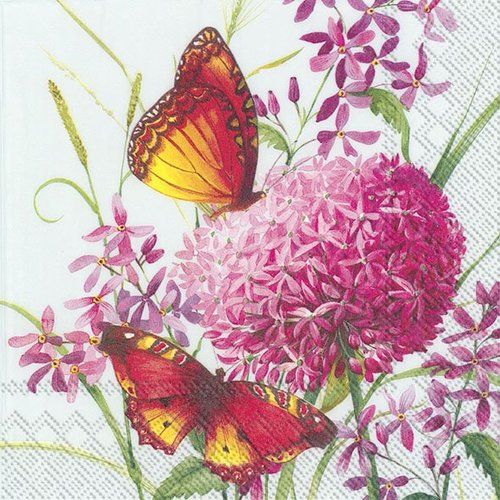 1 serviette en papier - papillons et fleurs ail allium - 33 x 33 cm