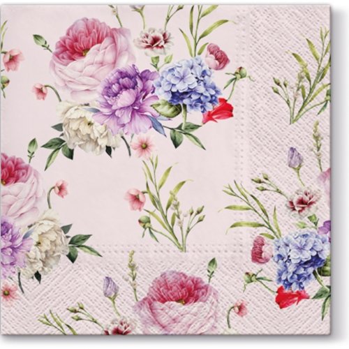 1 serviette en papier - fleurs sur fond rose - 33 x 33 cm