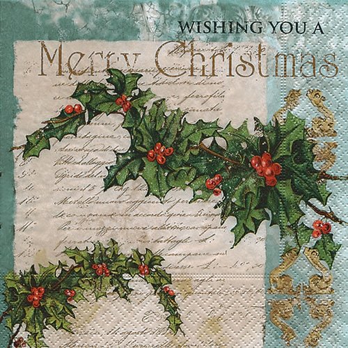 1 serviette en papier - wishing you a merry christmas - lettre noël houx - 33 x 33 cm