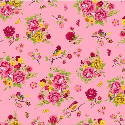 Coupon tissu coton - fleurs et oiseaux - rose - 45 x 50 cm