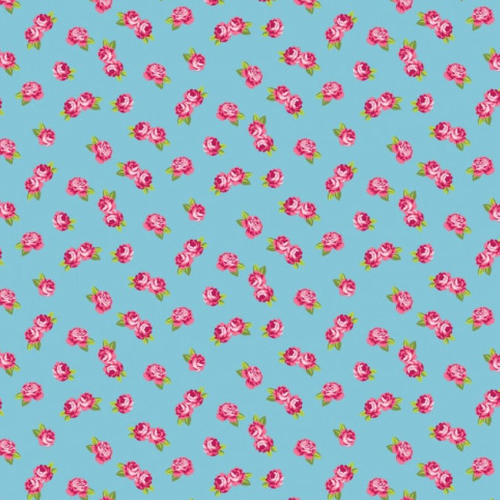 Coupon tissu coton - petites roses - bleu - 45 x 50 cm