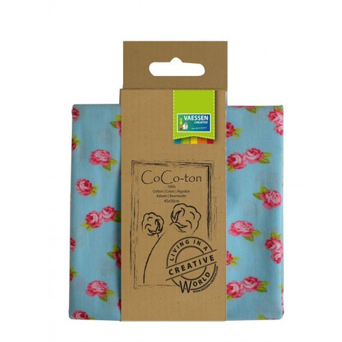 Coupon tissu coton - petites roses - bleu - 45 x 50 cm