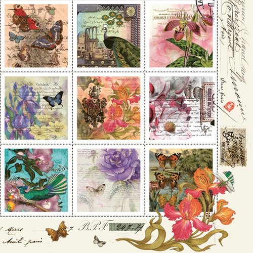 1 serviette en papier - timbres postaux fleurs et oiseaux - 33 x 33 cm