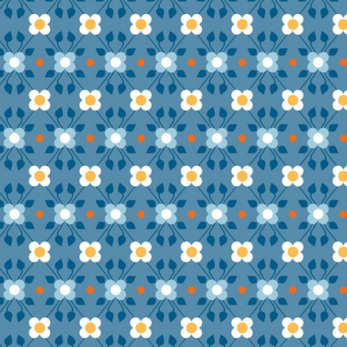 Coupon tissu coton - grandes fleurs rétro - bleu - 45 x 50 cm