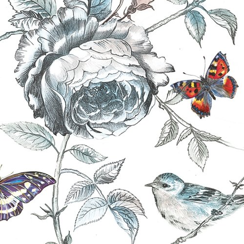 Serviette en papier - roses, oiseau et papillons colorés - 33 x 33 cm