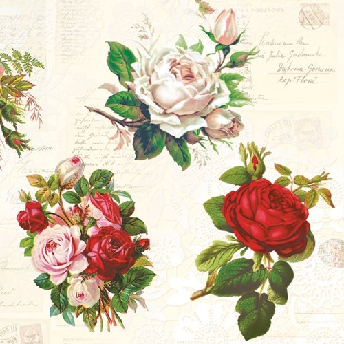 1 serviette en papier - roses vintage et dentelle - 33 x 33 cm