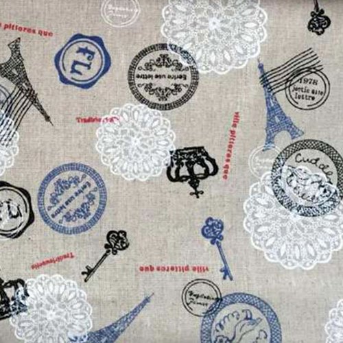 Coupon tissu coton et lin vintage - couronne et tour eiffel - 50 x 70 cm