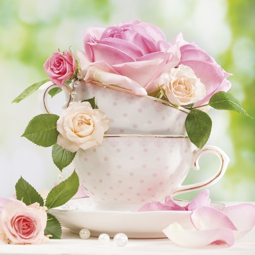 1 serviette en papier - tasse fleurie de roses - 33 x 33 cm