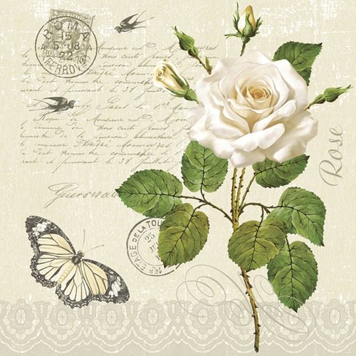 1 serviette en papier - vintage fleur papillon et lettre manuscrite - 33 x 33 cm