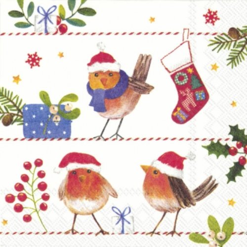 Serviette en papier - oiseaux rouge-gorge avec bonnet de noël - 25 x 25 cm