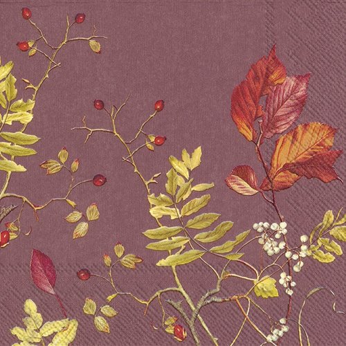 1 serviette en papier - feuilles et branches d'automne sur fond bordeaux - 25 x 25 cm
