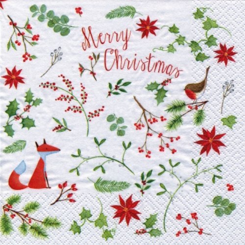 1 serviette en papier noël - merry christmas renard et oiseau - 33 x 33 cm