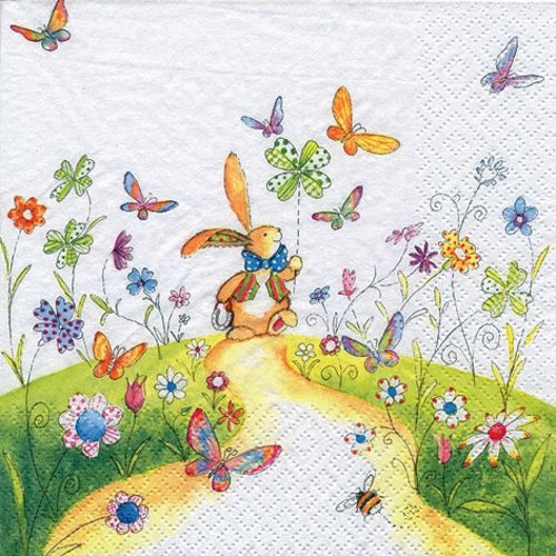 1 serviette en papier - lapin fleurs et papillons - 33 x 33 cm