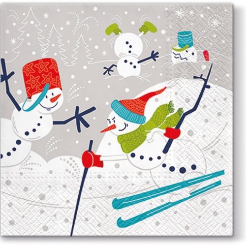 1 serviette en papier - les bonhommes de neige font du ski - 33 x 33 cm