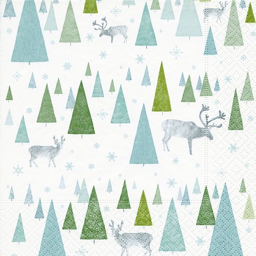 1 serviette en papier - forêt de sapins et cerfs - bleu vert gris - 33 x 33 cm