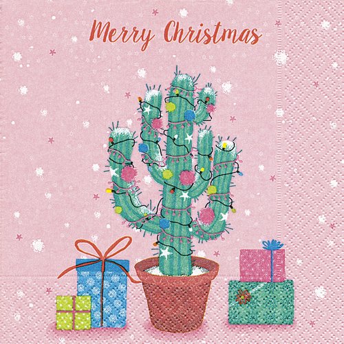 1 serviette en papier noël - merry christmas, cactus et cadeaux - 33 x 33 cm