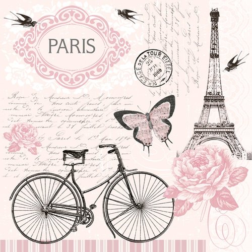 1 serviette en papier romantique - paris à vélo rose et noir - 33 x 33 cm
