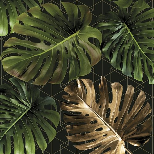 1 serviette en papier - feuilles tropicales monstera noir vert et or - 33 x 33 cm