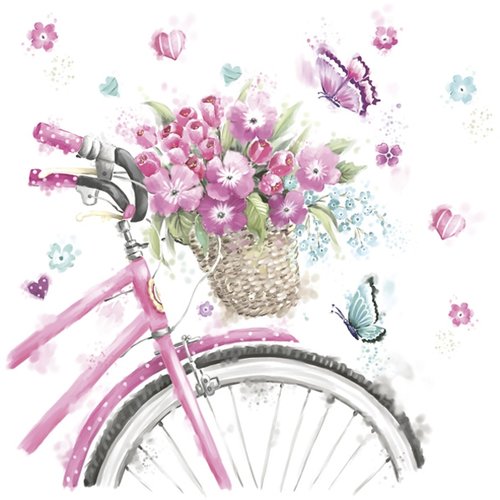 1 serviette en papier - vélo avec panier de fleurs et papillons - 33 x 33 cm
