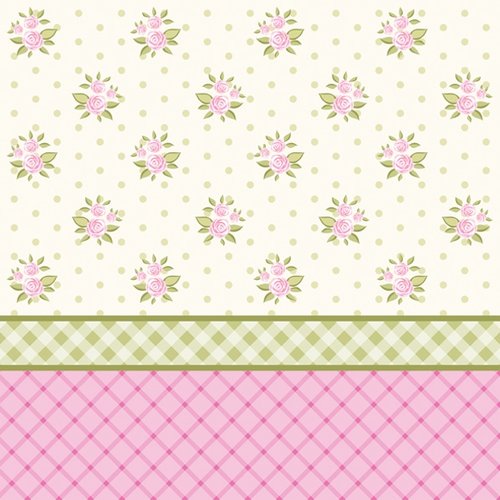 1 serviette en papier - fleurs et carreaux rose et vert - 33 x 33 cm