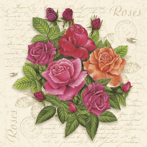 1 serviette en papier - bouquet de roses sur fond manuscrit - 33 x 33 cm