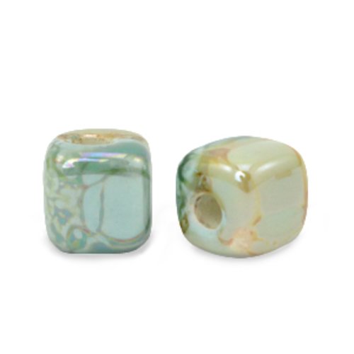 Lot 5 perles en céramique émaillées - cube - vert beige - 8 mm
