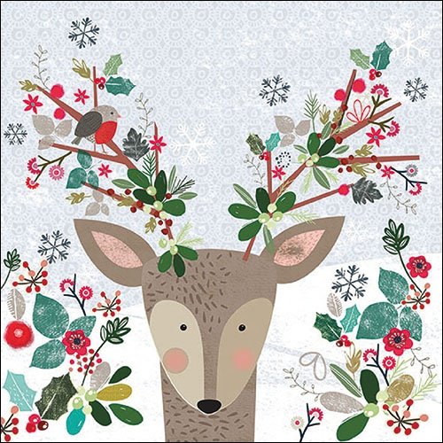 Serviette en papier - cerf ou renne avec fleurs et flocons de neige - 33 x 33 cm