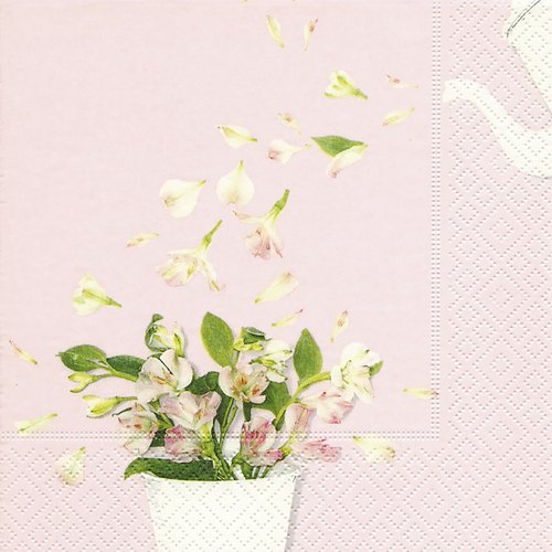 Serviette en papier - théière et fleurs sur fond rose - 33 x 33 cm