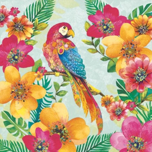 1 serviette en papier oiseau - perroquet et fleurs tropicales - 33 x 33 cm