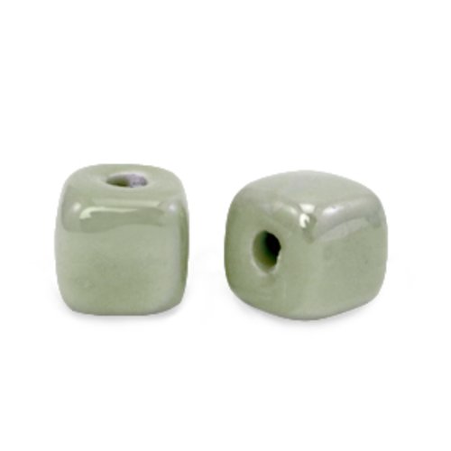 Lot 5 perles en céramique émaillées - cube - vert ardoise - 8 mm