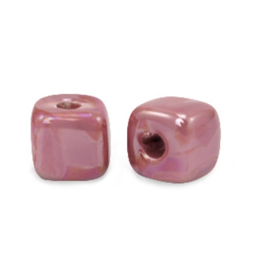 Lot 5 perles en céramique émaillées - cube - rose magenta - 8 mm