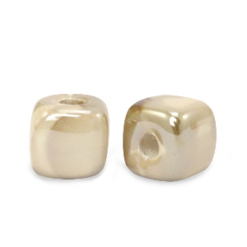 Lot 5 perles en céramique émaillées - cube - beige - 8 mm