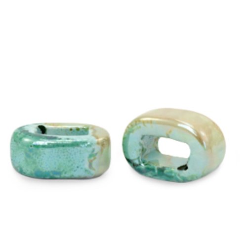 Lot 5 perles en céramique émaillées - ovale - vert beige - 5 x 12 x 8 mm