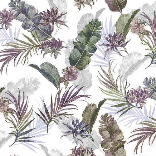 1 serviette en papier - feuilles tropicales violet, vert, gris - 33 x 33 cm