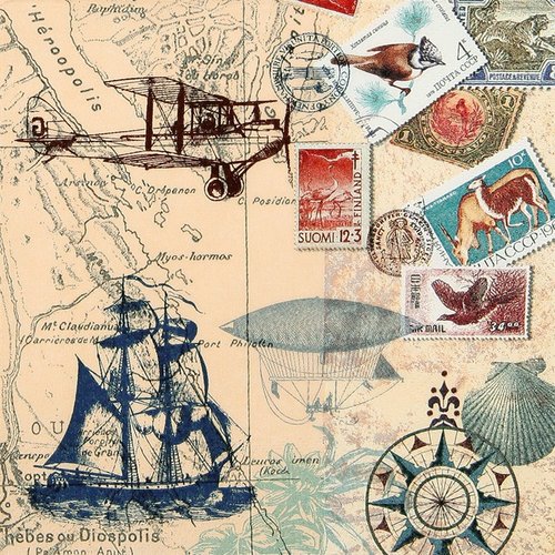 1 serviette en papier - carte, bateau, avion et timbres... - 33 x 33 cm