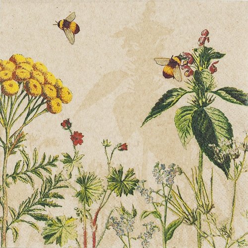 1 serviette en papier - abeilles et fleurs sur fond beige - 33 x 33 cm