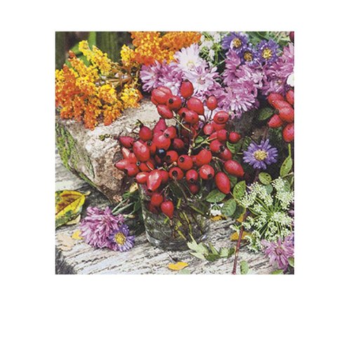 1 serviette en papier - cynorhodons et fleurs - 33 x 33 cm